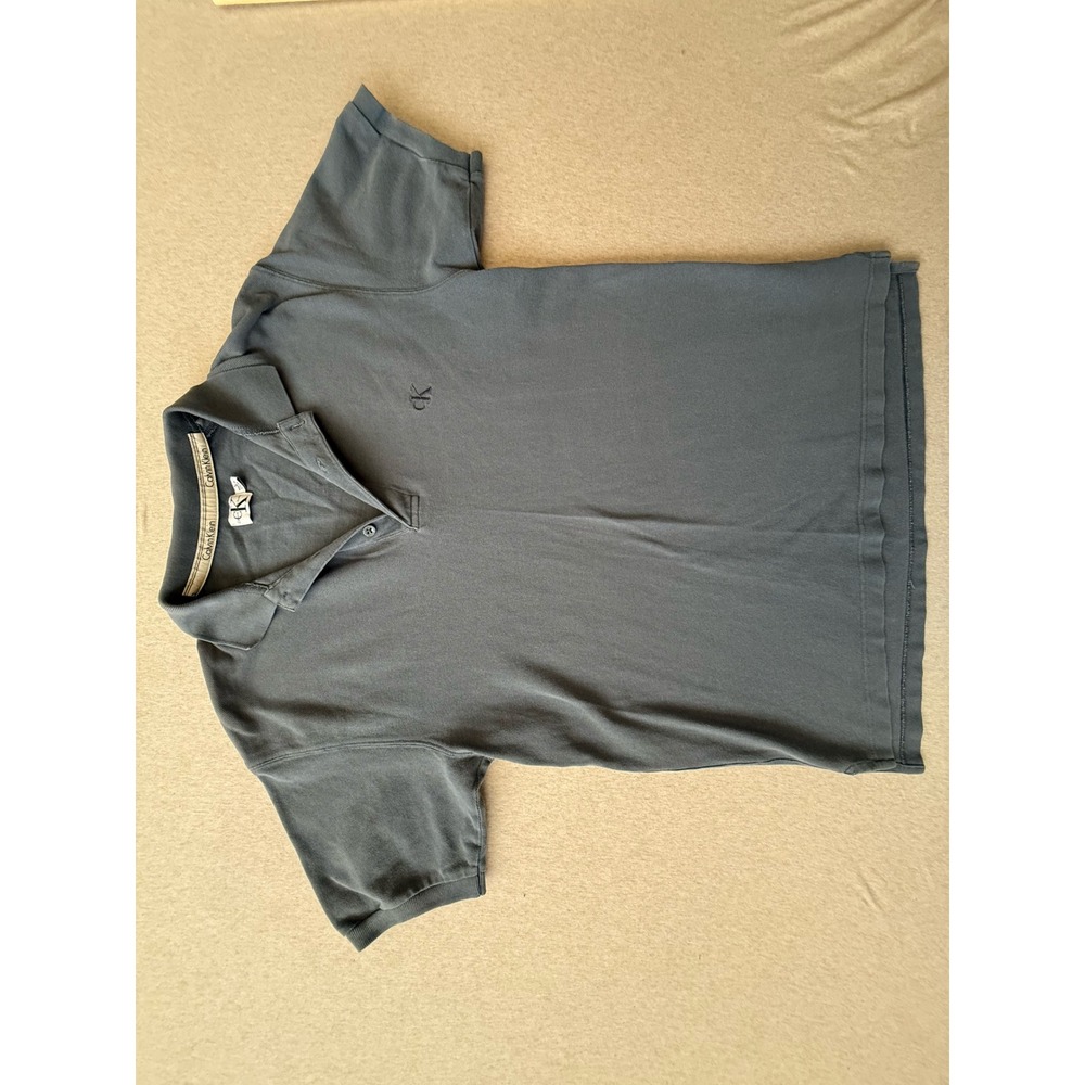 Calvin Klein Jeans Mens Large Gray Blue Short Sleeve Pique Polo Shirt CK Logo